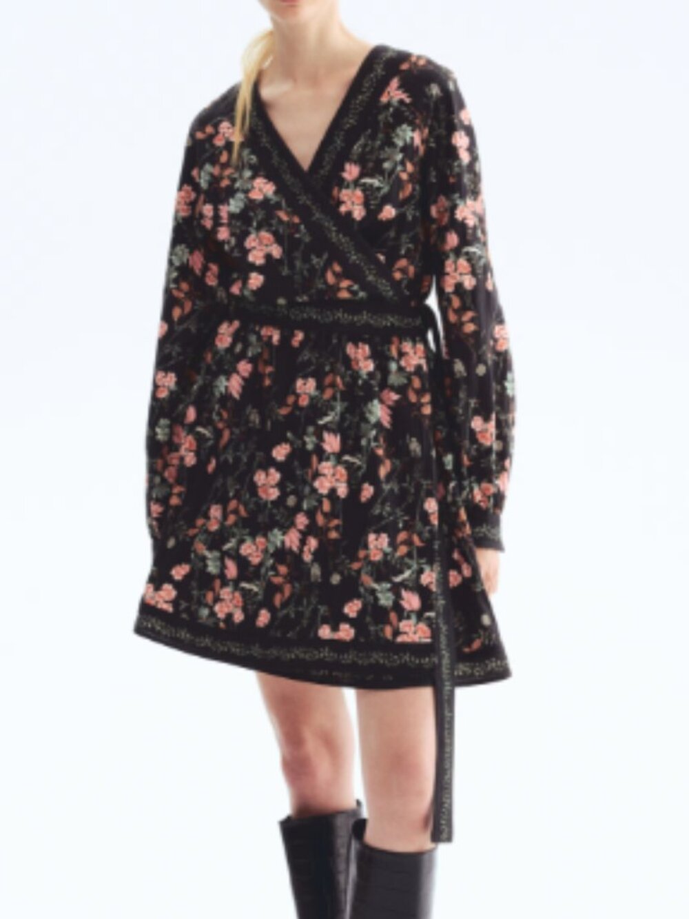 H&M Black Floral Wrap Dress Size 3XL Pink Blossom Print Long Sleeves V Neckline